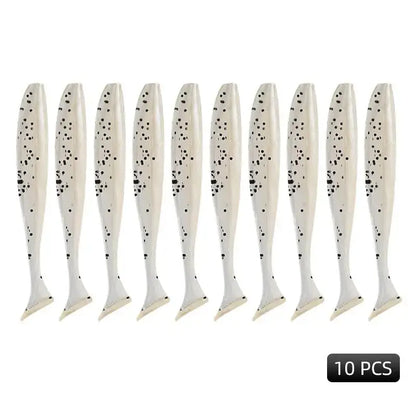 Set of 10 Meredith Easy Shiner lures in white with black spots for effective fishing