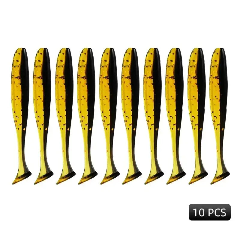 Ten Meredith Easy Shiner lures in yellow color, perfect for attracting fish on your next fishing trip