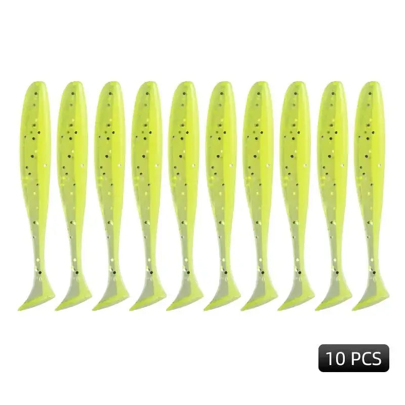 Pack of 10 Meredith Easy Shiner lures in bright yellow with a soft tail for effective fishing