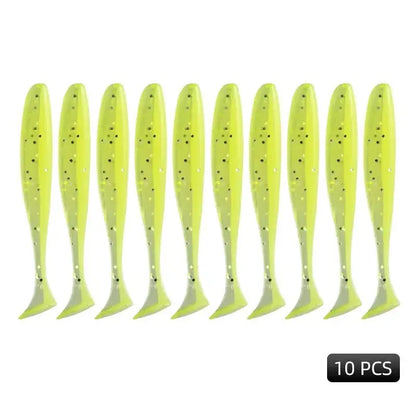 Pack of 10 Meredith Easy Shiner lures in bright yellow with a soft tail for effective fishing