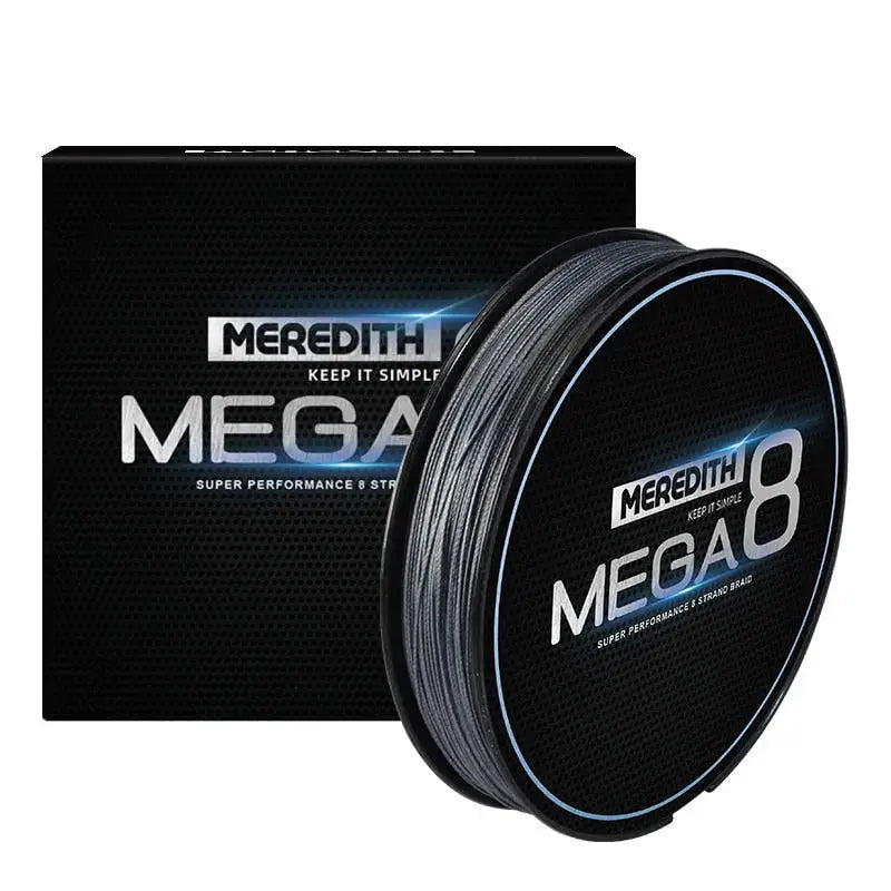 Meredith Mega 8x fishing line on a spool with packaging design for high-performance angling
