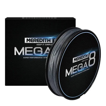 Meredith Mega 8x fishing line on a spool with packaging design for high-performance angling