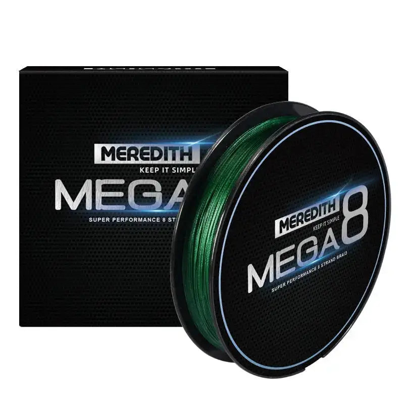 Meredith Mega 8x fishing line in green spool, ideal for super performance and strength in fishing