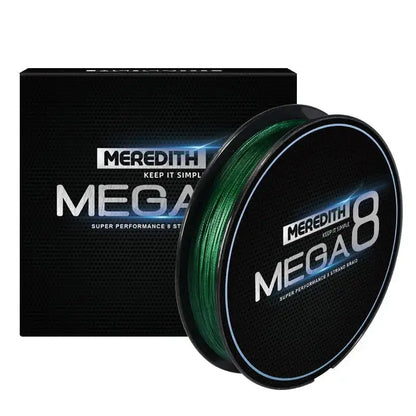 Meredith Mega 8x fishing line in green spool, ideal for super performance and strength in fishing