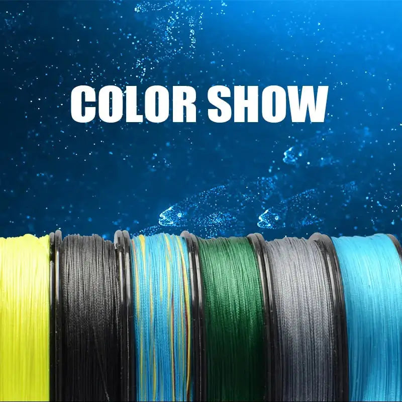 Meredith Mega 8x fishing line in vibrant colors arranged for easy viewing and selection