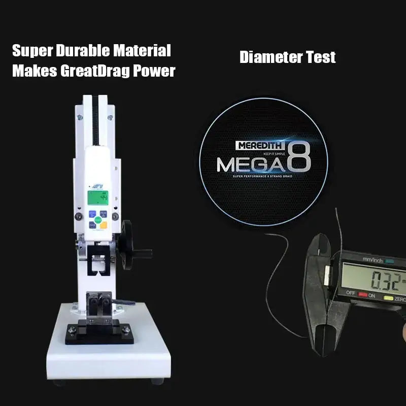 Meredith Mega 8x fishing line diameter test machine showcasing strong drag power material