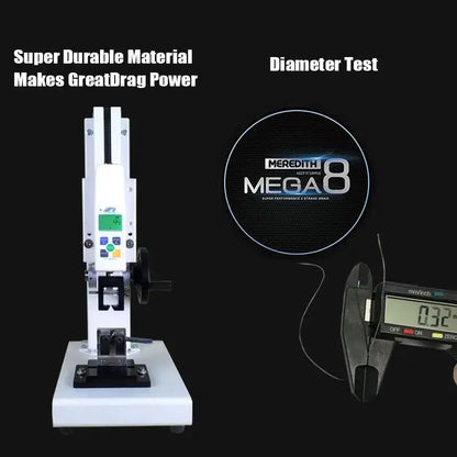 Meredith Mega 8x fishing line diameter test machine showcasing strong drag power material