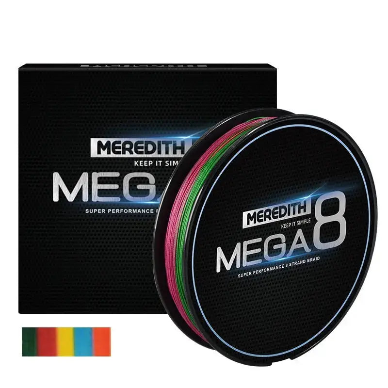 Meredith Mega 8x fishing line in vibrant colors with box packaging for high-performance fishing