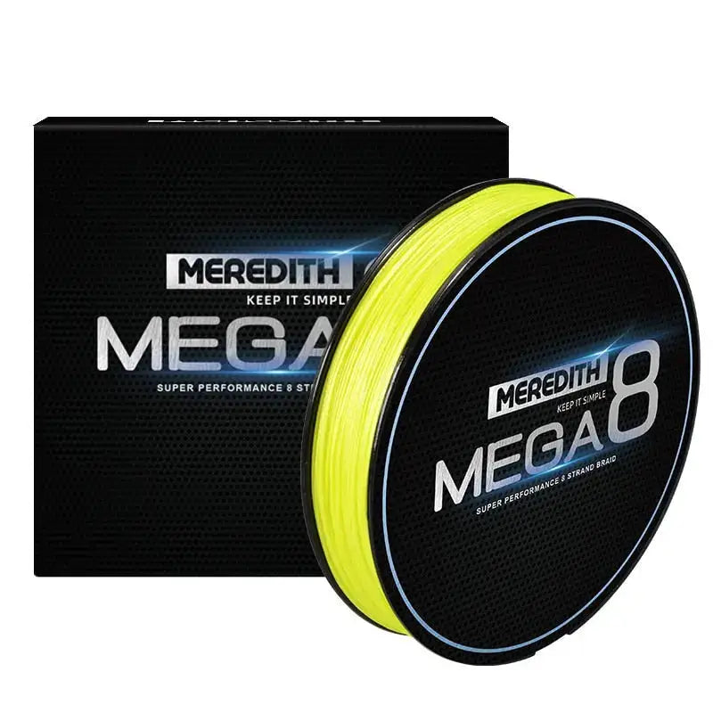 Meredith Mega 8x fishing line on a spool, showcasing its bright yellow color and durable packaging