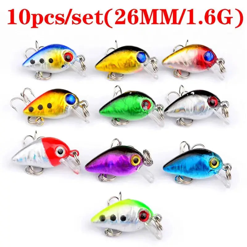 Multi-color-style lure selection featuring 10 assorted fishing lures in vibrant colors and designs