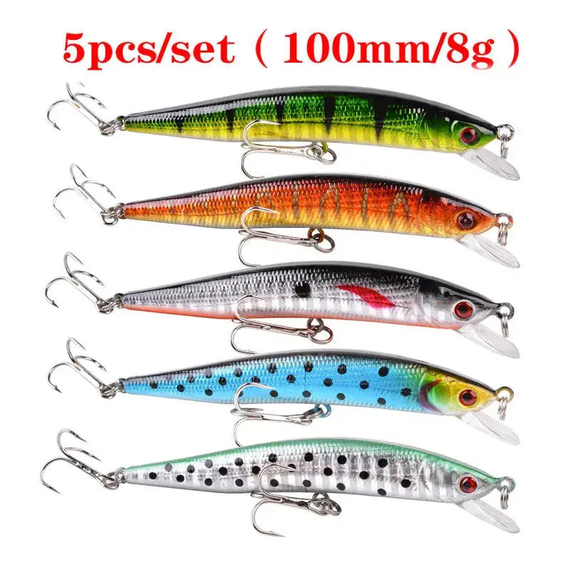 Multi-color-style lure selection featuring five vibrant fishing lures in various patterns and sizes