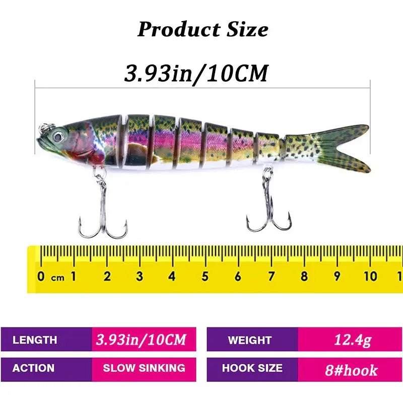 Multi-jointed fishing lures measuring 3.93in with slow sinking action for effective fishing.