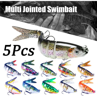 Set of 5 multi-jointed fishing lures in various colors for effective fishing bait