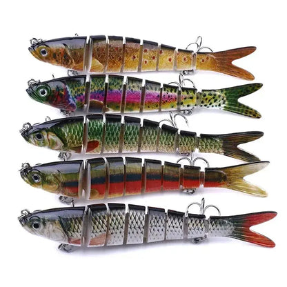 Collection of multi jointed rainbow lure fishing lures featuring realistic fish designs and vibrant colors
