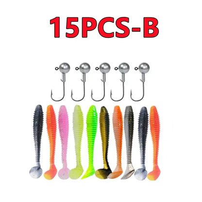 15PCS-B Fishing Baits Set with Pink Paddle Tail Swimbait and Hooks for Effective Fishing