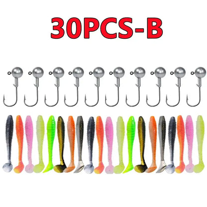 Set of 30 fishing lures including pink paddle tail swimbait for effective freshwater fishing