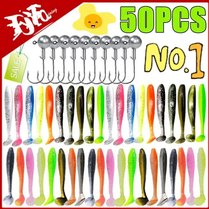 50 pieces of colorful fishing baits and lures including pink paddle tail swimbait for effective fishing