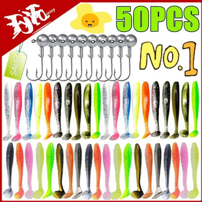 50 pieces of colorful fishing baits and lures including pink paddle tail swimbait for effective fishing