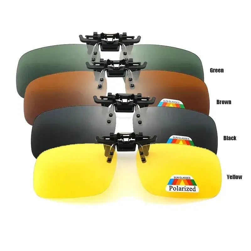 Four pairs of polarized clip-on sunglasses in green, brown, black, and yellow for fishing enthusiasts