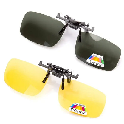 Polarized clip-on sunglasses with green and yellow lenses for enhanced fishing visibility