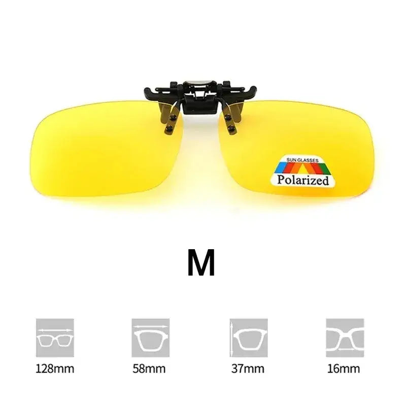 Polarized clip-on sunglasses with yellow lenses designed for fishing enthusiasts