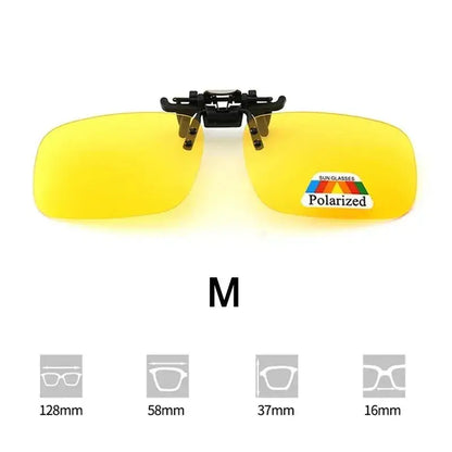 Polarized clip-on sunglasses with yellow lenses designed for fishing enthusiasts