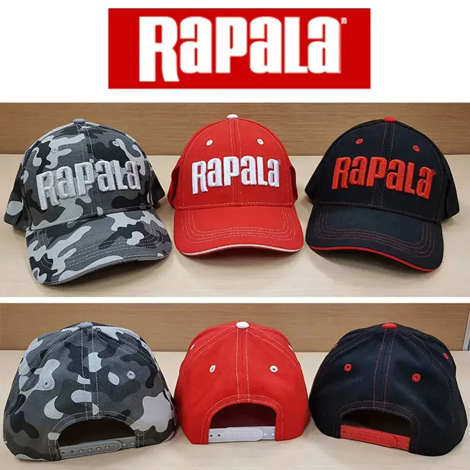 Rapala camo fishing hat in gray and black with adjustable straps for outdoor enthusiasts