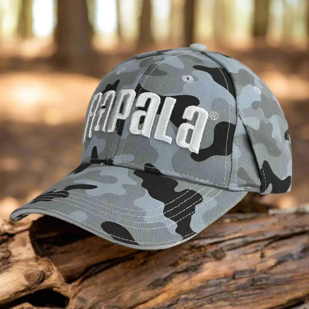 Rapala camo fishing hat in grey and black camouflage pattern, perfect for outdoor fishing enthusiasts