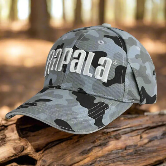 Rapala camo fishing hat in grey and black camouflage pattern, perfect for outdoor fishing enthusiasts