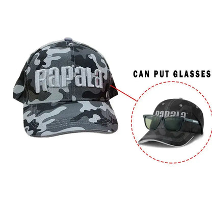 Rapala camo fishing hat with a unique design for easy glasses storage and outdoor comfort