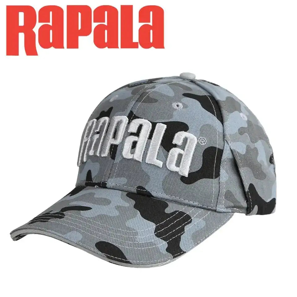 Rapala camo fishing hat in gray with embroidered logo, ideal for outdoor fishing enthusiasts