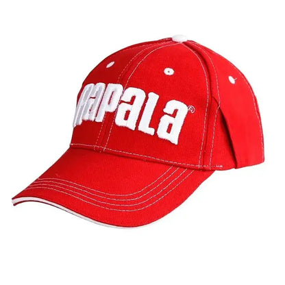 Red Rapala camo fishing hat with embroidered logo, ideal for outdoor fishing adventures