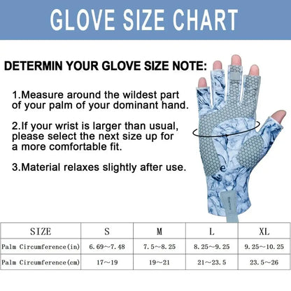 Glove size chart for fingerless fishing gloves with measurement guidelines for sizing