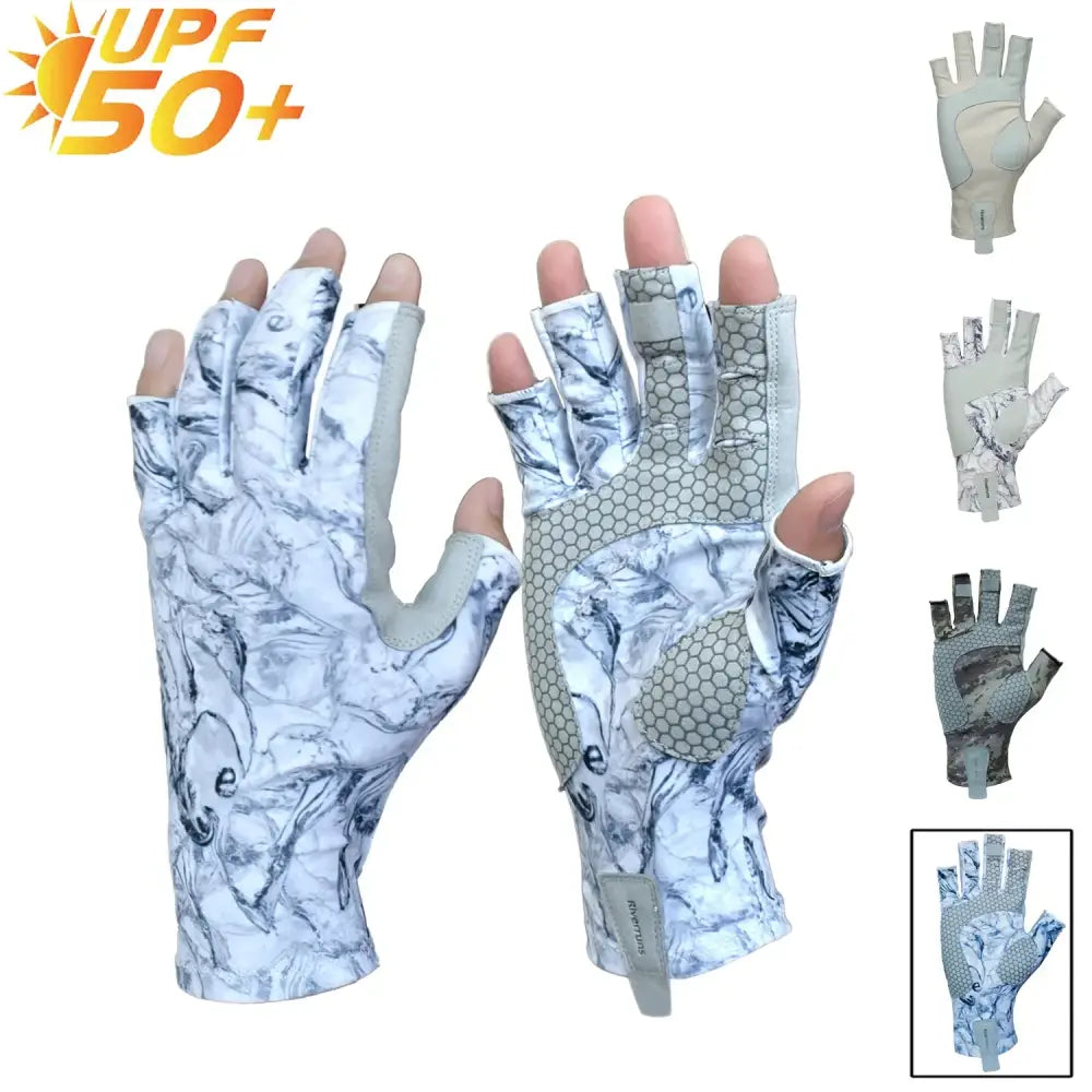 Fingerless fishing gloves with UPF 50+ protection and a camouflage design for enhanced grip and comfort
