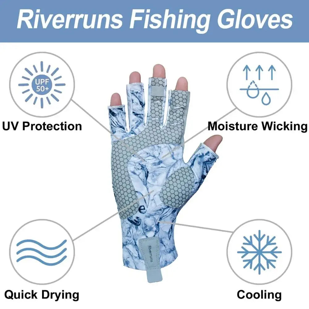 Riverruns fingerless fishing gloves featuring UV protection, quick drying, and moisture wicking technology
