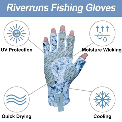Riverruns fingerless fishing gloves featuring UV protection, quick drying, and moisture wicking technology