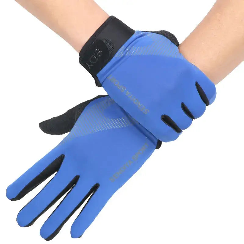 Blue thermal fishing gloves for ice fishing designed for warmth and grip during winter activities