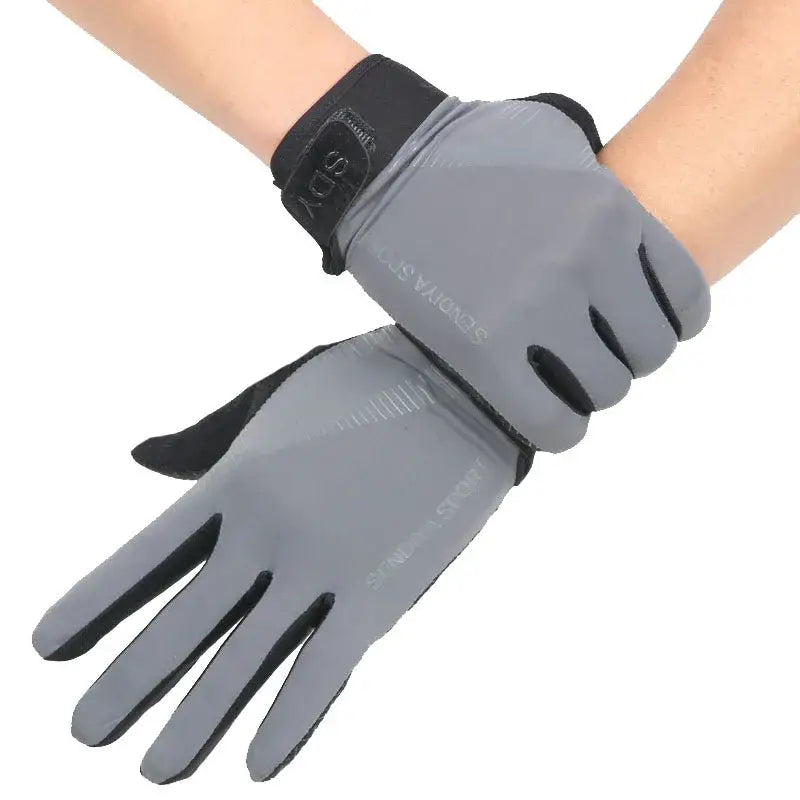 Gray thermal fishing gloves for ice fishing with a secure wrist strap for better grip