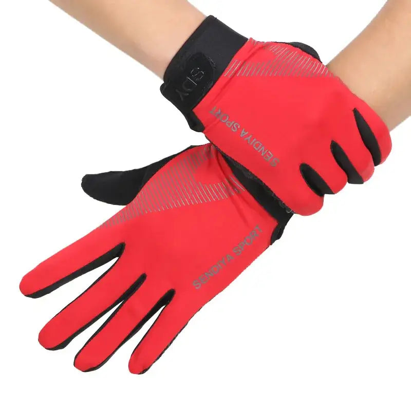 Red thermal fishing gloves for ice fishing, designed for warmth and grip during cold weather fishing