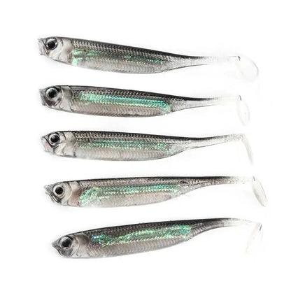 Set of five silver minnow fishing lures designed for catching various fish species