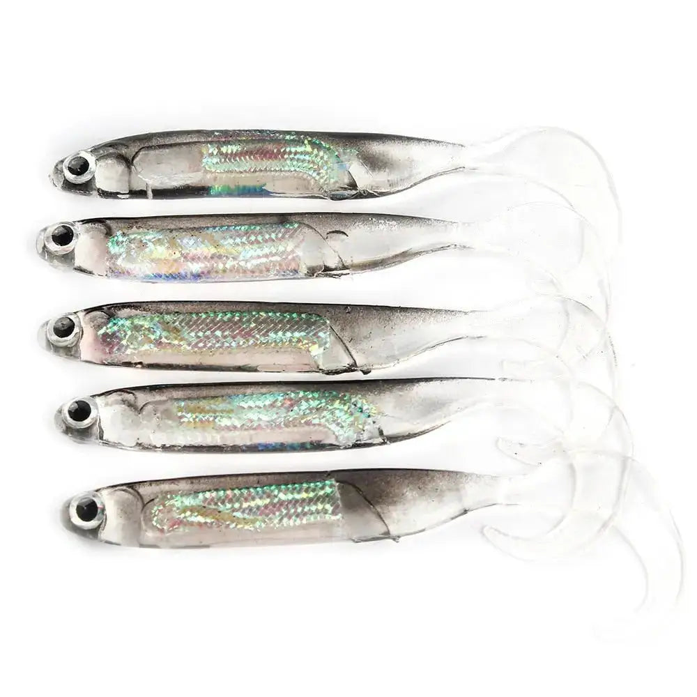 Set of five silver minnow fishing lures designed to attract various fish species effectively