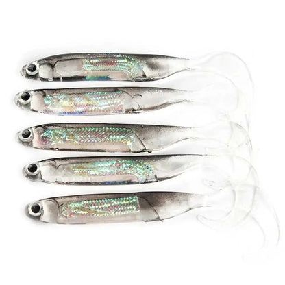 Five silver minnow fishing lures featuring realistic details and durable hooks for effective fishing