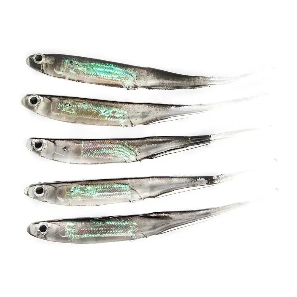 Five silver minnow fishing lures with shimmering holographic scales for effective fishing