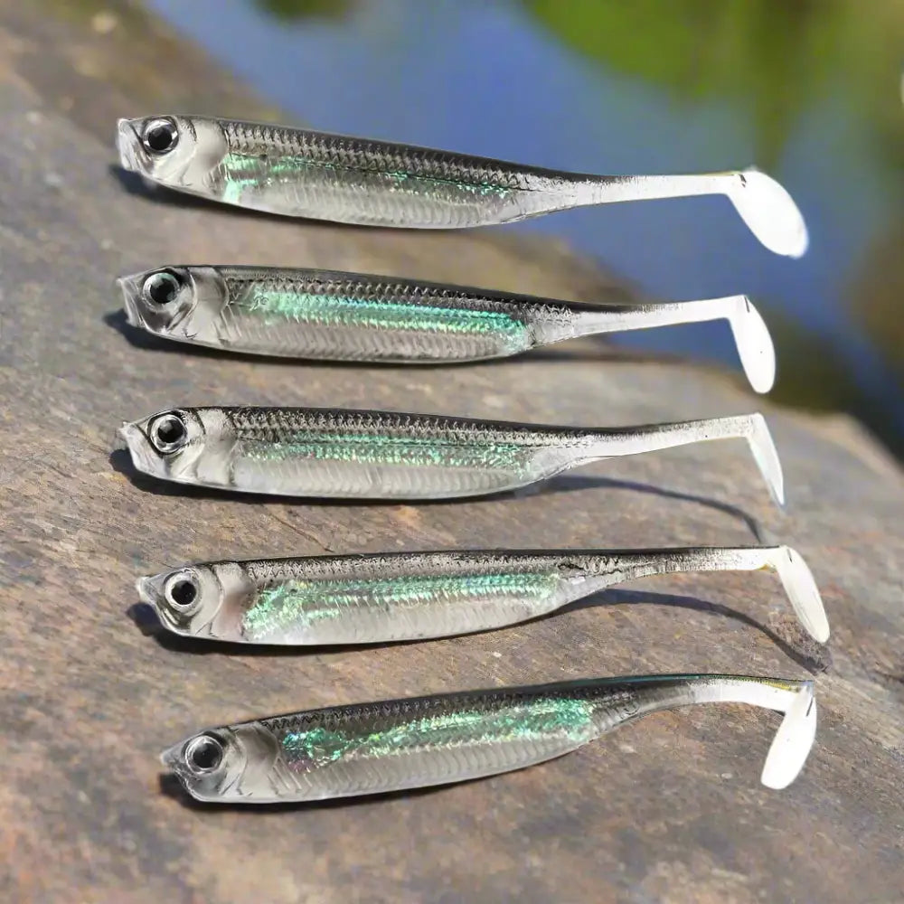 Five silver minnow fishing lures with realistic detailing for effective freshwater fishing