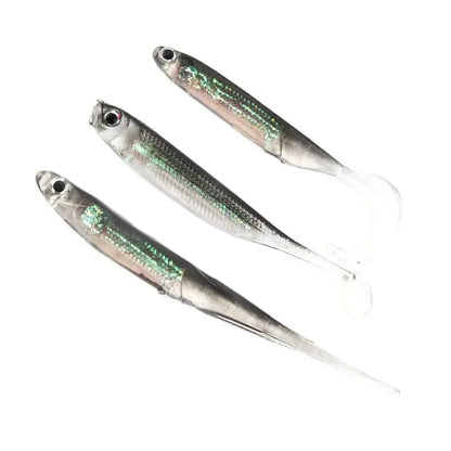 Three silver minnow fishing lures with shiny surfaces for attracting a variety of fish
