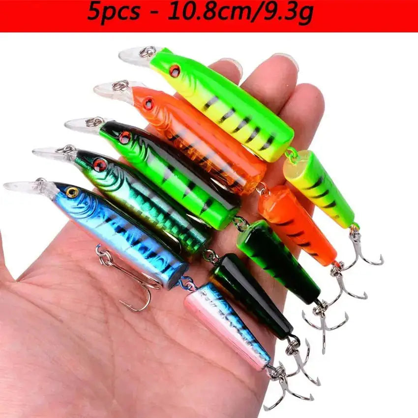 Set of 5 vibrant slow minnow lures set designed for effective fishing with realistic colors and hooks