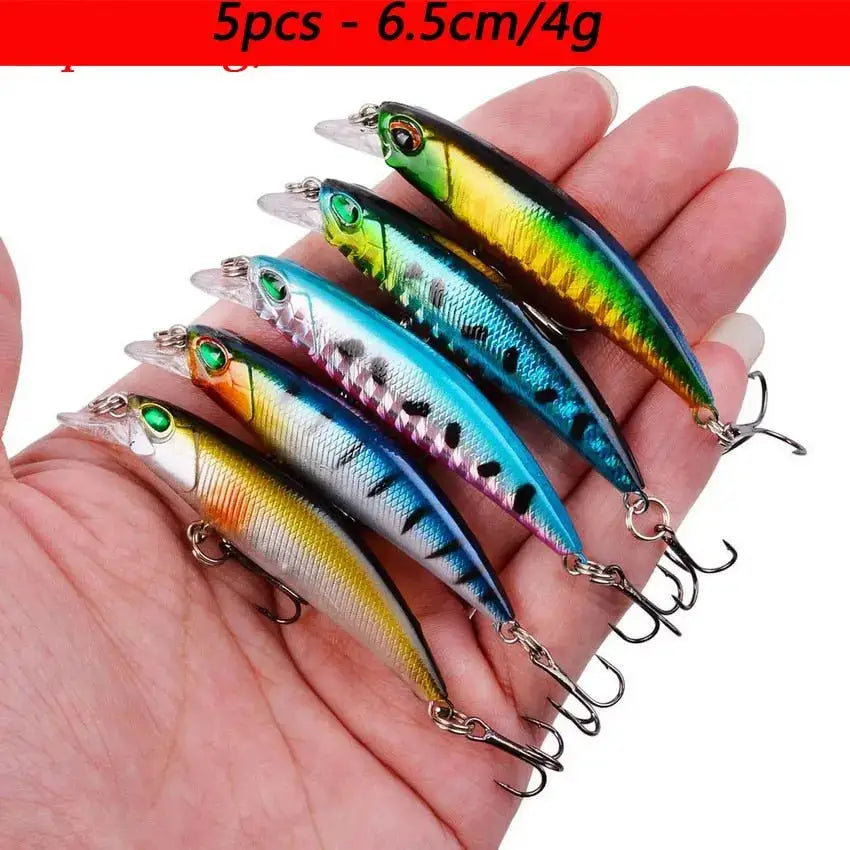 Five slow minnow lures set in various colors, each 6.5cm and 4g, perfect for fishing enthusiasts