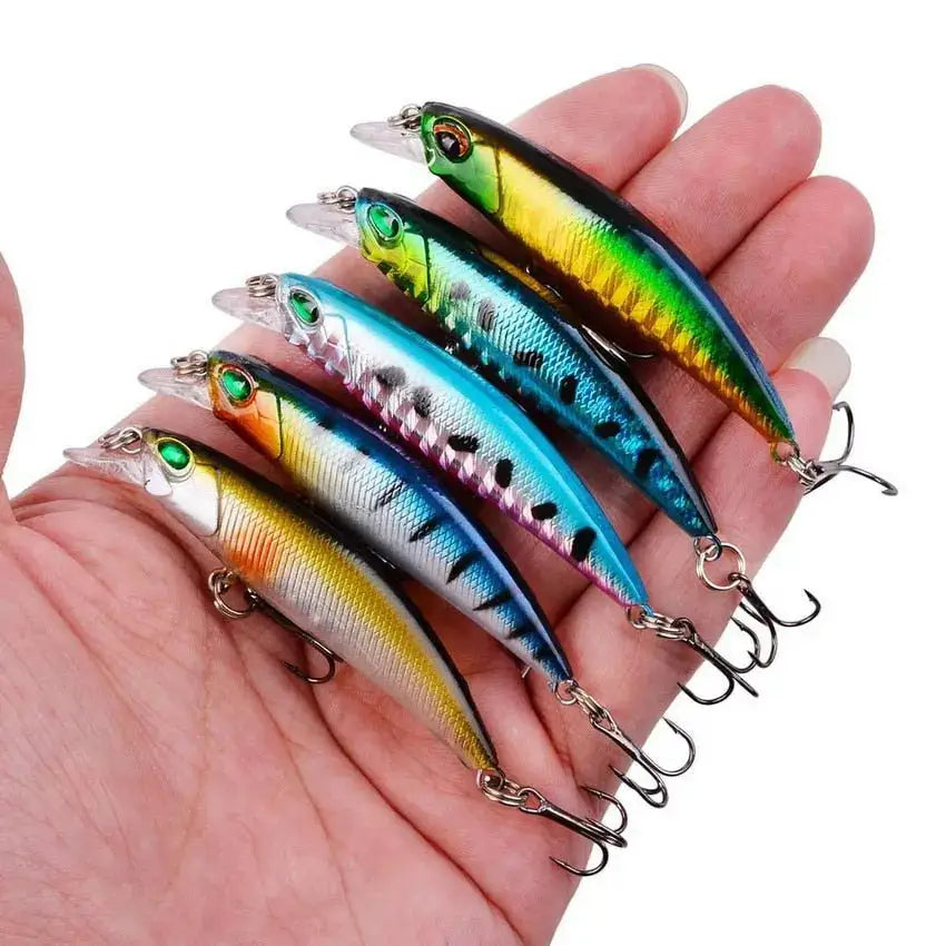 Set of five slow minnow lures with vibrant colors for effective fishing