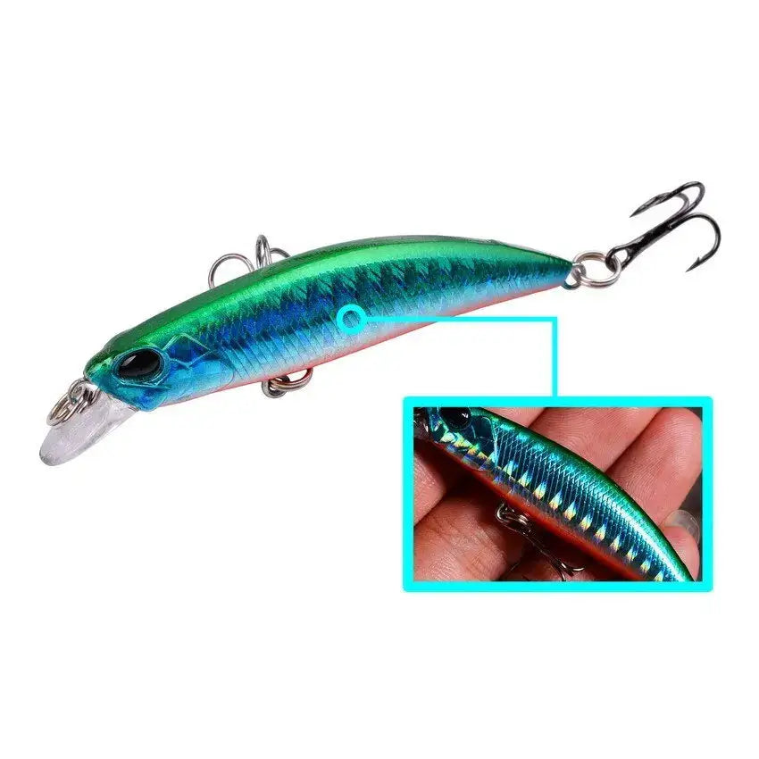 Slow minnow lures set in vibrant blue and green colors, ideal for attracting fish during fishing trips