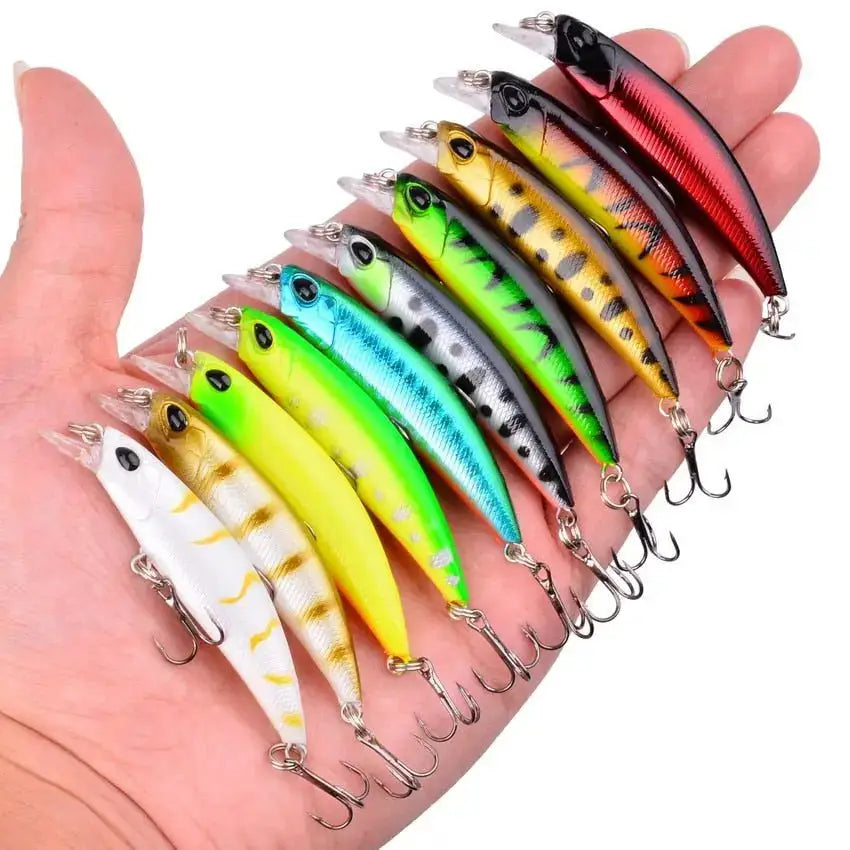 Colorful slow minnow lures set displayed on a hand, ideal for fishing enthusiasts